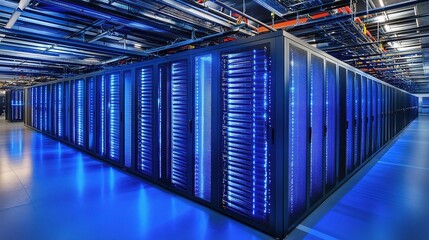 Poster - Modern Data Center with Sleek Servers and Advanced Networking Lines