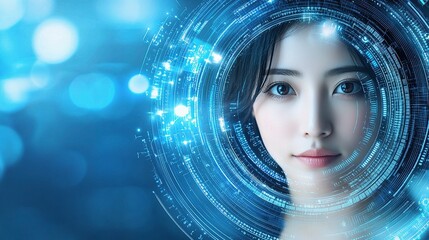 Poster - Blue Technology Interface with Woman's Face in High Resolution