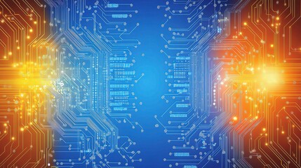 Poster - Orange and Blue Circuit Board Background with Dynamic Lines
