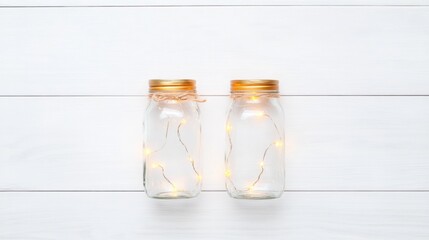 Poster - Minimalist Mason Jar Lanterns with Soft Fairy Lights on White Background