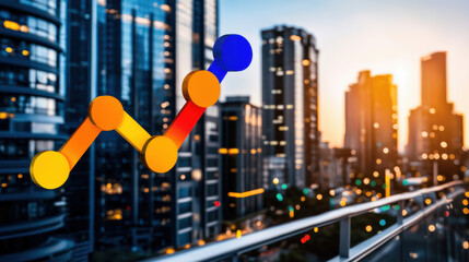 Poster - vibrant city skyline at sunset with colorful financial graph overlay, symbolizing growth and progress in finance. scene captures essence of urban development and economic success