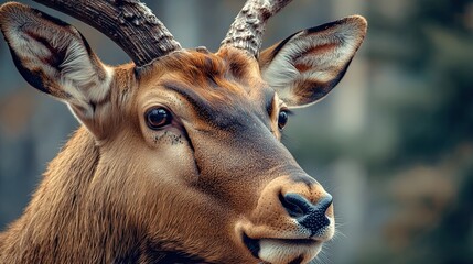 Wall Mural - Close-up of deer head in forest, autumn background, wildlife photography for nature documentaries.