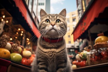 Wall Mural - Portrait of a funny munchkin cat in vibrant market street background