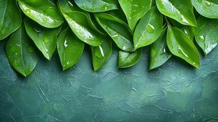 Wall Mural - Fresh green leaves with water droplets on a surface.