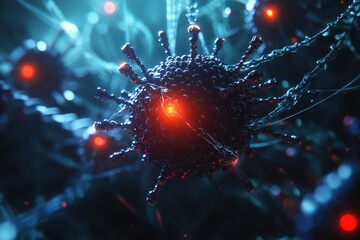 Fototapete - Detailed 3D visualization revealing complex structure of a virus with spikes and glowing RNA strands in a dynamic scene. Generative AI