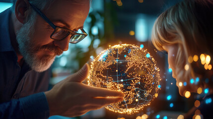 Aufkleber - man and child examine glowing globe, symbolizing environmental research and innovation. Their expressions reflect curiosity and wonder in modern workspace