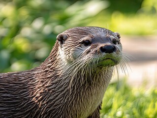 Wall Mural - otter portrait, wildlife, green background, nature reserve.