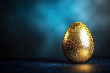 Poster - Shimmering gold glitter Easter egg resting against a dark gradient background with soft glowing light creating a luxurious ambiance