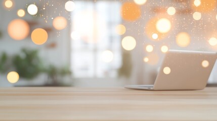 Aufkleber - Minimalist Office Vibes Laptop on Wooden Desk with Bokeh Background