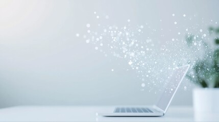 Fototapete - Modern Laptop with Digital Data Streams in Minimalist Workspace