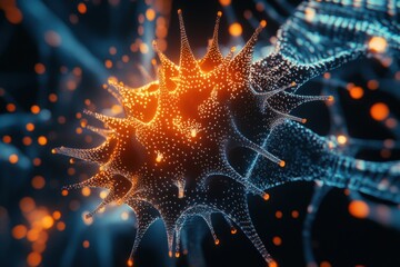 Poster - detailed 3d visualization of virus structure highlighting capsid, spikes, and glowing rna strands in