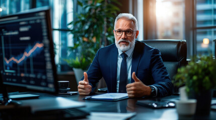 Aufkleber - professional man in suit discusses financial data in office setting, surrounded by plants and modern technology. His expression conveys confidence and expertise