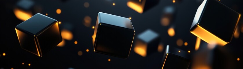 Poster - sleek black gradient background with glowing gold accents and floating geometric shapes for modern b