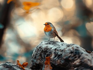 Wall Mural - robin perched on rock, autumn forest background, wildlife photography, nature image.