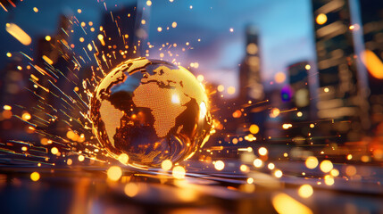 Fototapete - cinematic view of glowing globe representing world economy, surrounded by digital data and sparks, set against city skyline
