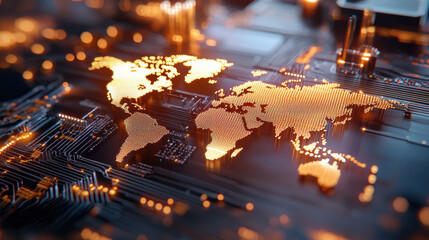 Aufkleber - cinematic visualization of glowing world map on circuit board, showcasing technology and connectivity. intricate details highlight modern digital landscape