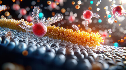 Poster - Cinematic visualization of molecular biotechnology showcasing vibrant molecules interacting on cellular membrane, highlighting complexity of biological processes