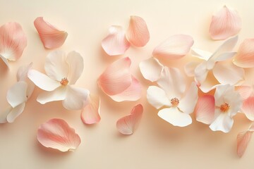 Poster - elegant pastel background with scattered pink and white flower petals for creative designs and text 