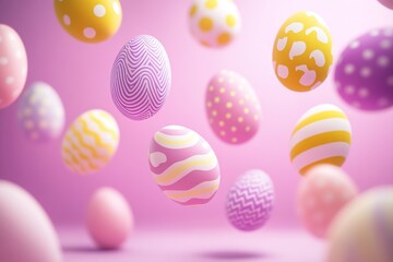 Poster - Floating 3D Easter eggs amidst a soft pastel gradient background featuring shades of pink, lavender, and yellow with ample space for text overlay