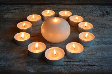 Wall Mural - group of unlit candles arranged in shape of globe on rustic wooden surface with soft natural lighting