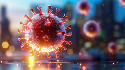 Aufkleber - detailed illustration of virus, showcasing its structure and features, set against blurred city background. image conveys sense of urgency and scientific focus