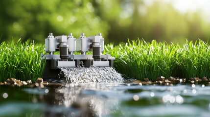 Poster - hydroelectric power station model with flowing water, surrounded by lush grass, showcases renewable energy in nature. scene reflects innovation and sustainability