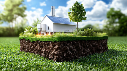 Poster - cross section diagram of geothermal energy plant showcasing modern facility with solar panels, surrounded by greenery and soil layers, illustrating sustainable energy