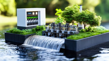 Aufkleber - detailed model of hydroelectric dam showcasing water flow, turbines, and greenery. This miniature representation highlights renewable energy and environmental sustainability
