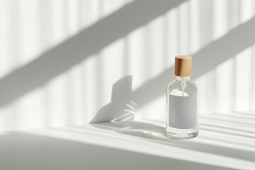 Fototapete - simple spray bottle with clear label against clean white background leaving ample copy space