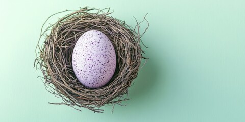 single speckled lavender egg sitting in small nest on pastel green background