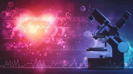 Poster - Microscope and diverse silhouettes a healthcare concept with heart shapes and ECG lines in the background illustration