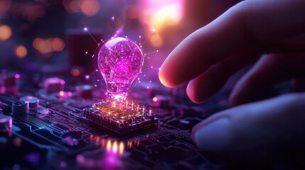 Aufkleber - hand reaching towards glowing light bulb on circuit board symbolizes innovation and technology. vibrant colors and intricate details evoke sense of creativity and advancement
