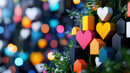Fototapete - Colorful heart shapes and geometric designs create vibrant backdrop, surrounded by greenery and soft bokeh lights, evoking playful and cheerful atmosphere