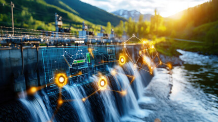 Aufkleber - digital dashboard overlay on serene hydroelectric dam, showcasing data visualization and analytics. sun sets behind mountains, enhancing tranquil atmosphere