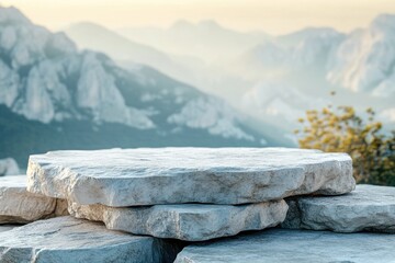 Poster - textured podium with natural stone elements set against blurred mountain landscape with soft light