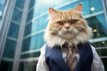 Wall Mural - Portrait of a funny ragamuffin cat on sophisticated corporate office background