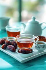 tray of tea and dates arranged neatly on smooth turquoise background