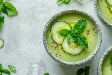 Poster - vibrant stock image of chilled cucumber soup bowl garnished with fresh mint leaves placed on minimalist backdrop with