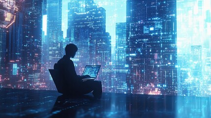 Poster - Silhouette of Person Using Laptop in Futuristic Urban Environment