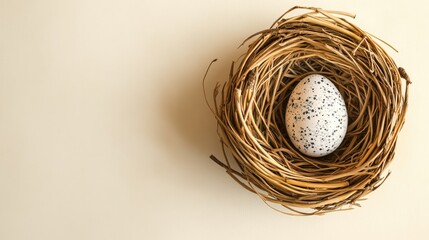 Poster - wicker nest holding single speckled egg placed on light cream background