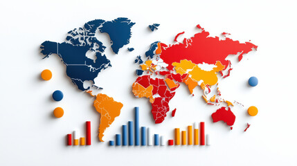 Aufkleber - Global economic trends illustrated on colorful world map with graphs. map features various colors representing different regions, showcasing data visually
