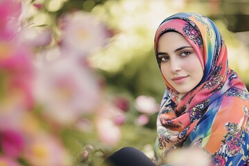 portrait of young woman in colorful hijab sitting against softly blurred background of blooming flowers