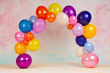 Poster - birthday balloon arch in vibrant colors displayed against soft pastel background with ample space for text