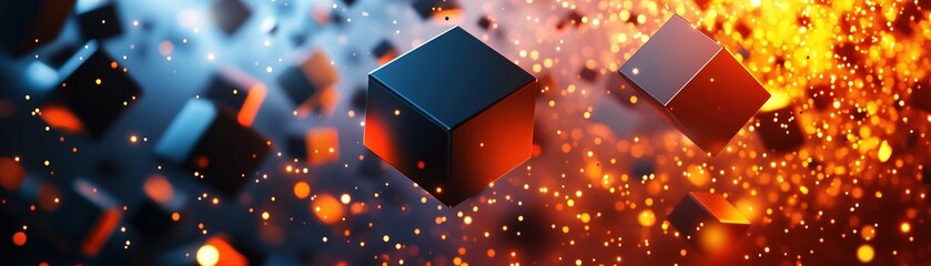 Poster - Exploding black cubes with glowing red accents create a dynamic and bold abstract background for impactful Black Friday promotions