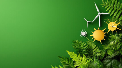 Aufkleber - vibrant green background featuring wind turbines, sun icons, and lush foliage symbolizes environmental sustainability and renewable energy