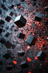 Poster - dynamic abstract background featuring exploding black cubes with glowing red accents for a high-tech