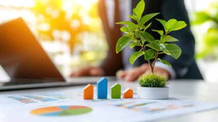 Aufkleber - business professional analyzes sustainable development trends with charts, graphs, and small plant symbolizing growth and eco friendliness