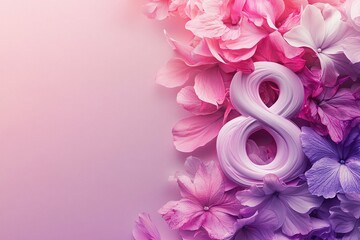 Wall Mural - Soft floral elements merge with bold handwritten number eight in a serene, abstract background featuring gradient pink and purple shades