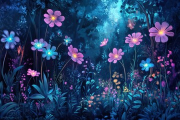 Sticker - Enchanting Luminescent Flowers In A Dark Forest