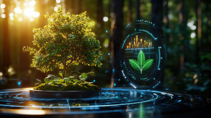 Poster - digital representation of tree surrounded by data visualization, symbolizing green economy and sustainability. scene conveys sense of innovation and environmental awareness